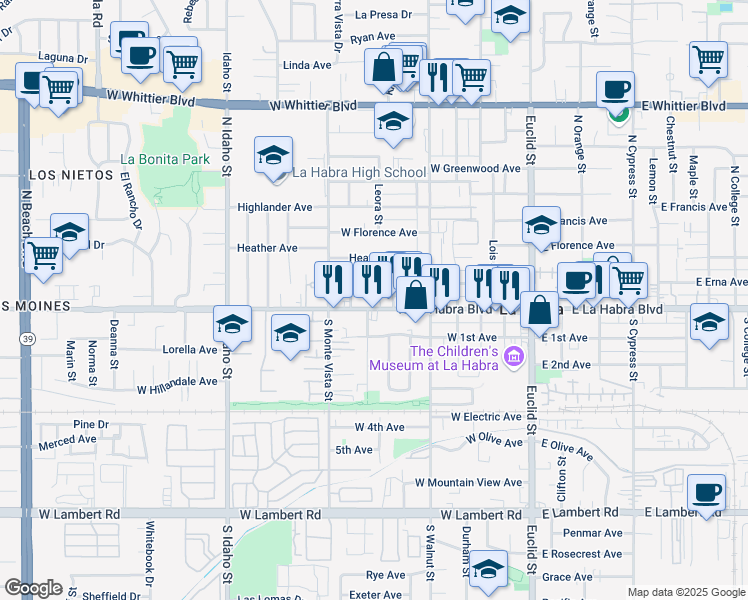 map of restaurants, bars, coffee shops, grocery stores, and more near 580 West La Habra Boulevard in La Habra