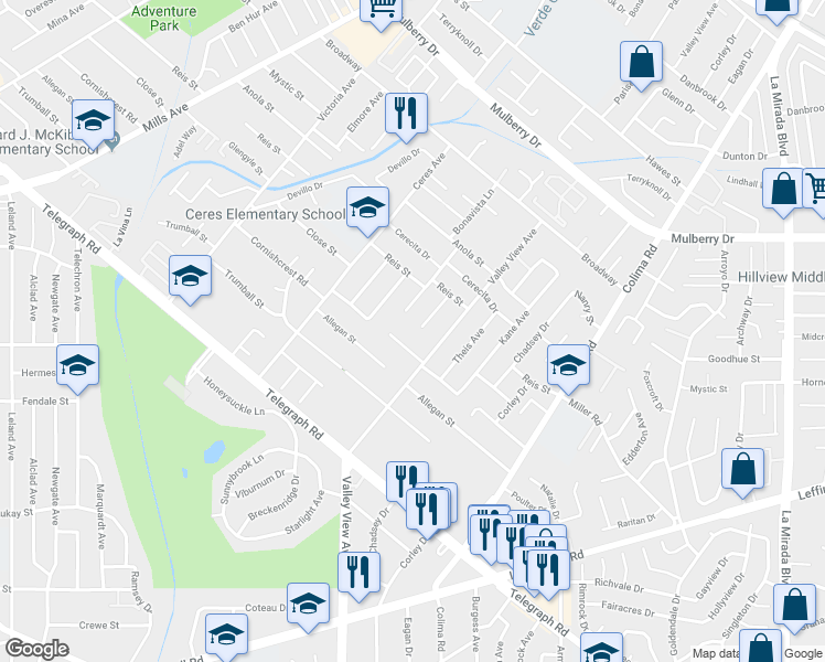 map of restaurants, bars, coffee shops, grocery stores, and more near 10955 Parise Drive in Whittier