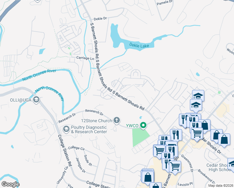 map of restaurants, bars, coffee shops, grocery stores, and more near 1190 South Barnett Shoals Road in Athens