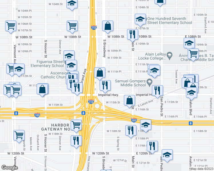 map of restaurants, bars, coffee shops, grocery stores, and more near 247 West 113th Street in Los Angeles