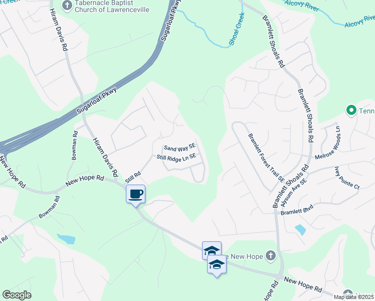 map of restaurants, bars, coffee shops, grocery stores, and more near 1483 Sand Way Southeast in Lawrenceville