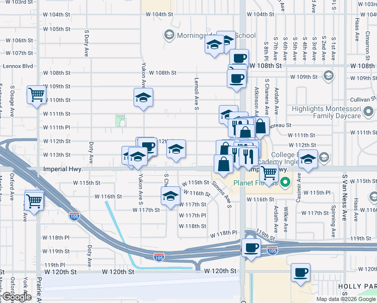 map of restaurants, bars, coffee shops, grocery stores, and more near 3319 West 113th Street in Inglewood