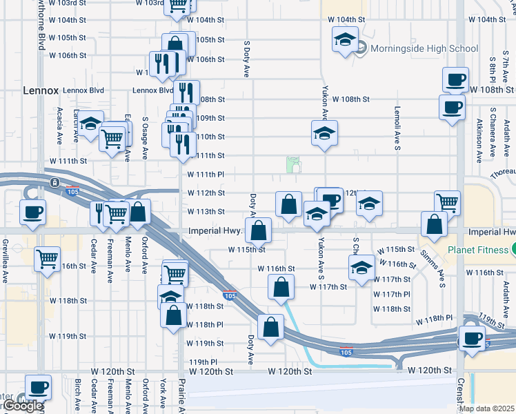 map of restaurants, bars, coffee shops, grocery stores, and more near 3751 West 113th Street in Inglewood
