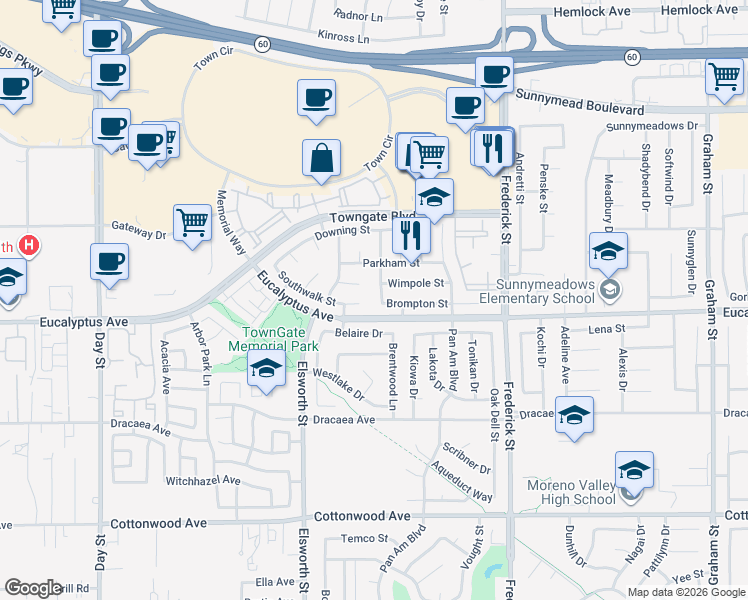 map of restaurants, bars, coffee shops, grocery stores, and more near 12939 Gerrard Street in Moreno Valley