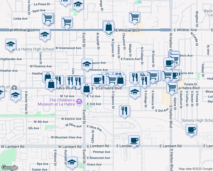 map of restaurants, bars, coffee shops, grocery stores, and more near 111 Aldrich Street in La Habra