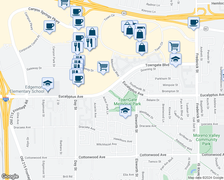 map of restaurants, bars, coffee shops, grocery stores, and more near 22272 Yorke Road in Moreno Valley