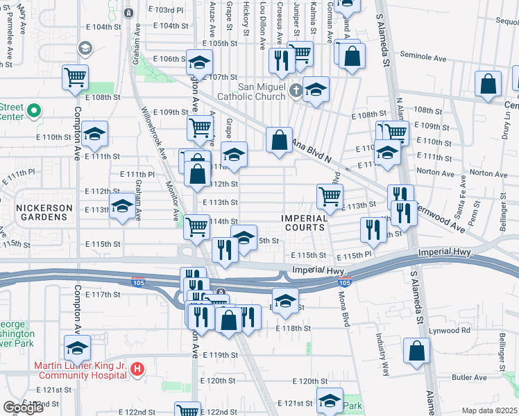 map of restaurants, bars, coffee shops, grocery stores, and more near 2108 East 114th Street in Los Angeles