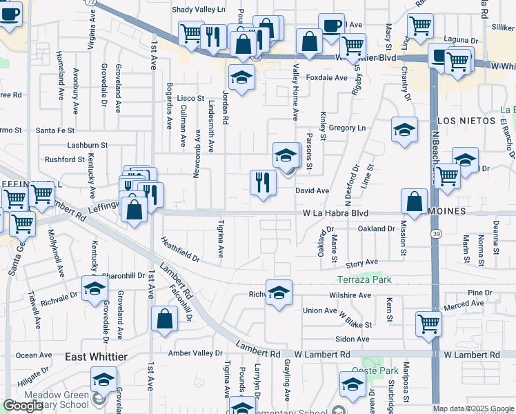 map of restaurants, bars, coffee shops, grocery stores, and more near 16501 Leffingwell Road in Whittier