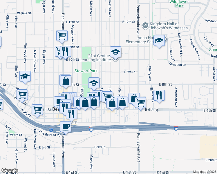 map of restaurants, bars, coffee shops, grocery stores, and more near 747 Chestnut Avenue in Beaumont