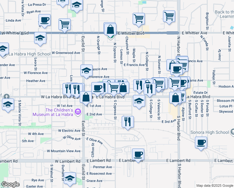 map of restaurants, bars, coffee shops, grocery stores, and more near 374 East La Habra Boulevard in La Habra