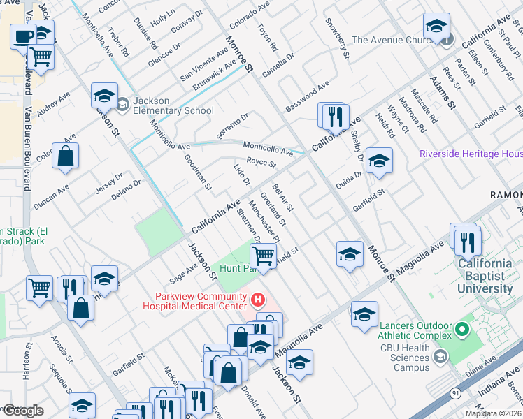 map of restaurants, bars, coffee shops, grocery stores, and more near 4151 Manchester Place in Riverside