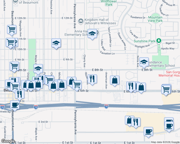 map of restaurants, bars, coffee shops, grocery stores, and more near 1337 East 8th Street in Beaumont