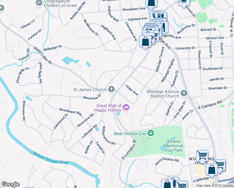 map of restaurants, bars, coffee shops, grocery stores, and more near 2019 South Lumpkin Street in Athens