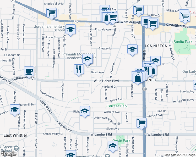 map of restaurants, bars, coffee shops, grocery stores, and more near 2461 Oakland Drive in La Habra