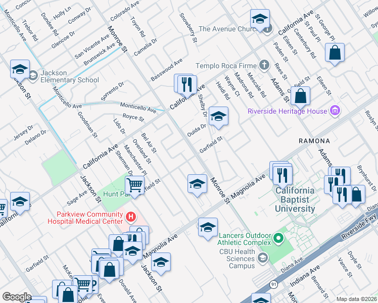 map of restaurants, bars, coffee shops, grocery stores, and more near 8710 Larkin Court in Riverside