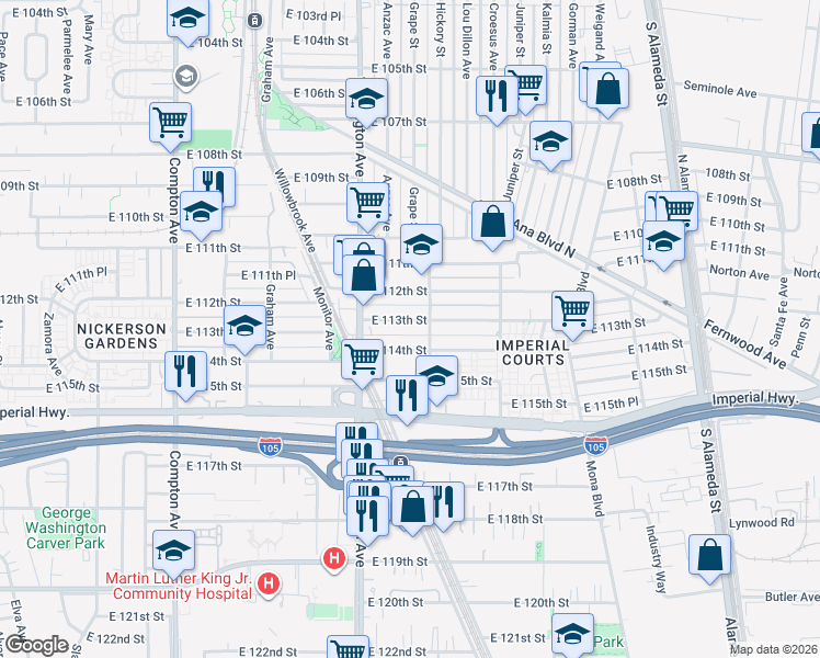 map of restaurants, bars, coffee shops, grocery stores, and more near 1954 East 113th Street in Los Angeles