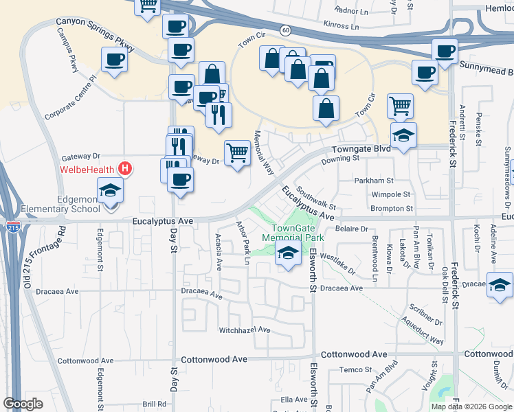 map of restaurants, bars, coffee shops, grocery stores, and more near 22272 Yorke Road in Moreno Valley
