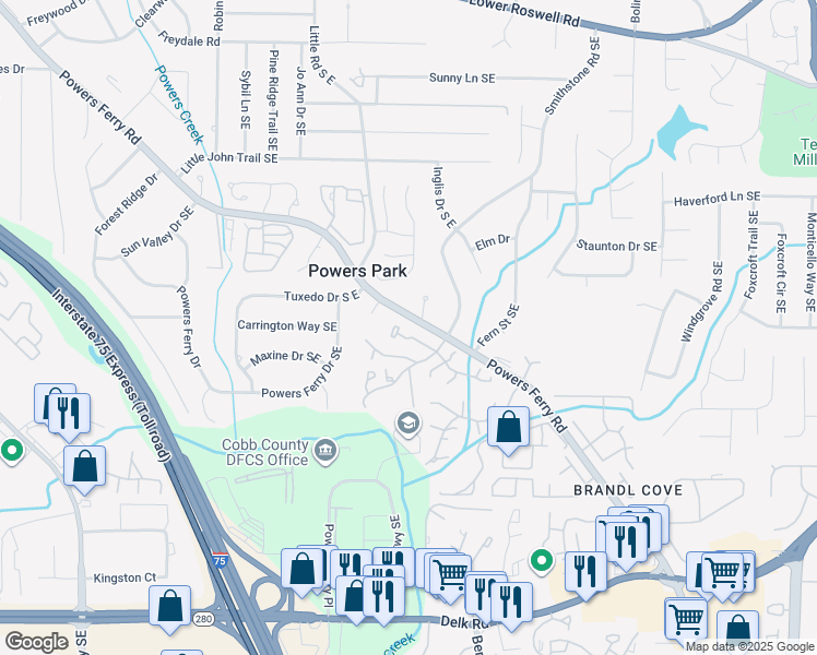map of restaurants, bars, coffee shops, grocery stores, and more near 2087 Powers Ferry Trce Southeast in Marietta