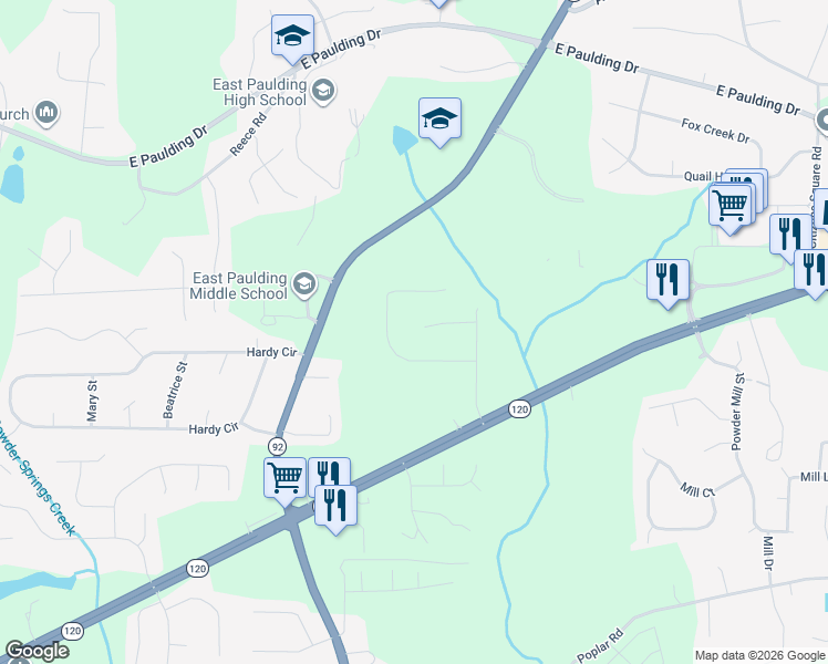 map of restaurants, bars, coffee shops, grocery stores, and more near 132 Woods Court in Dallas