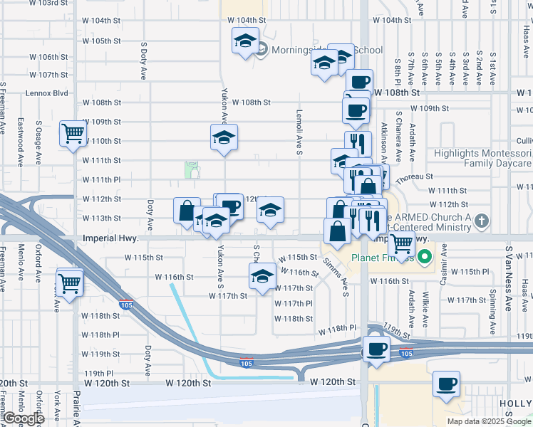 map of restaurants, bars, coffee shops, grocery stores, and more near 3421 West 113th Street in Inglewood