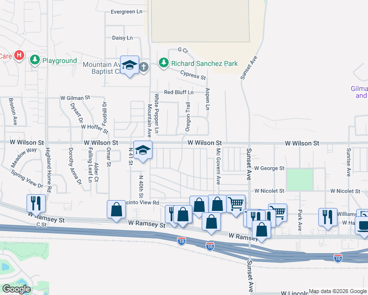 map of restaurants, bars, coffee shops, grocery stores, and more near in Banning
