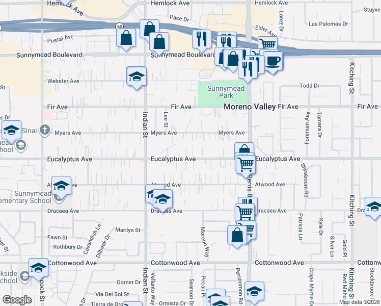 map of restaurants, bars, coffee shops, grocery stores, and more near 24753 Eucalyptus Avenue in Moreno Valley