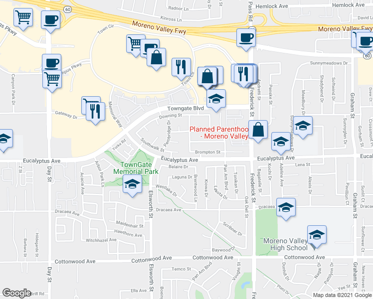 map of restaurants, bars, coffee shops, grocery stores, and more near 22670 Belaire Drive in Moreno Valley