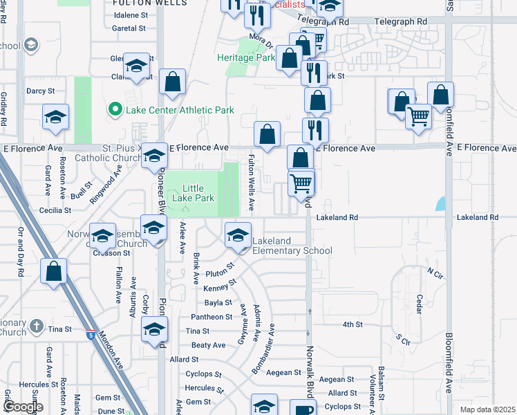 map of restaurants, bars, coffee shops, grocery stores, and more near 12104 Lakeland Road in Norwalk