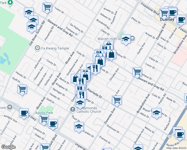 map of restaurants, bars, coffee shops, grocery stores, and more near 12102 Paramount Boulevard in Downey