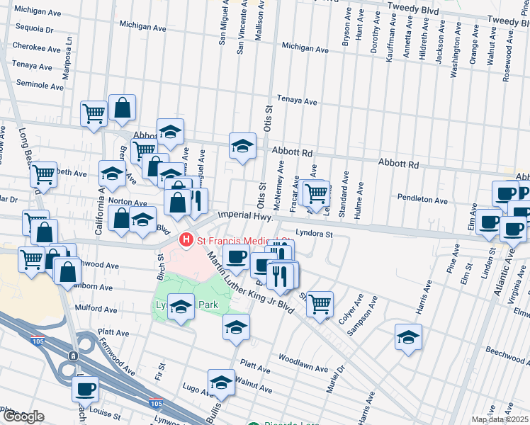 map of restaurants, bars, coffee shops, grocery stores, and more near 3745 Imperial Highway in Lynwood