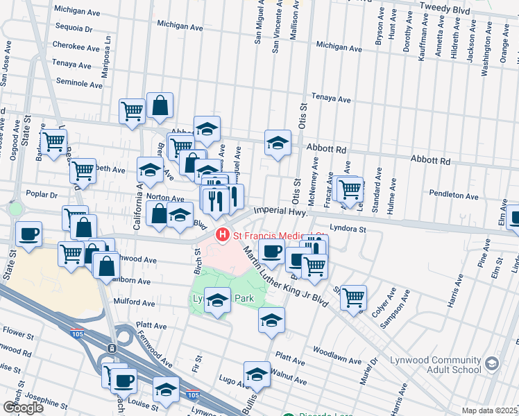 map of restaurants, bars, coffee shops, grocery stores, and more near 3660 East Imperial Highway in Lynwood