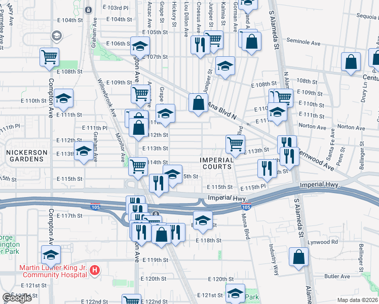 map of restaurants, bars, coffee shops, grocery stores, and more near 2108 East 114th Street in Los Angeles