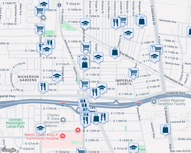 map of restaurants, bars, coffee shops, grocery stores, and more near 1944 East 114th Street in Los Angeles