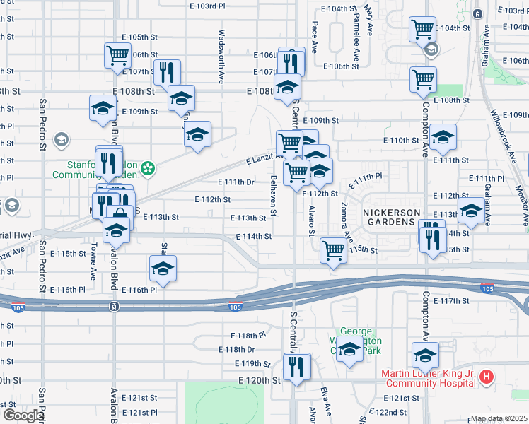 map of restaurants, bars, coffee shops, grocery stores, and more near 11309 Belhaven Street in Los Angeles