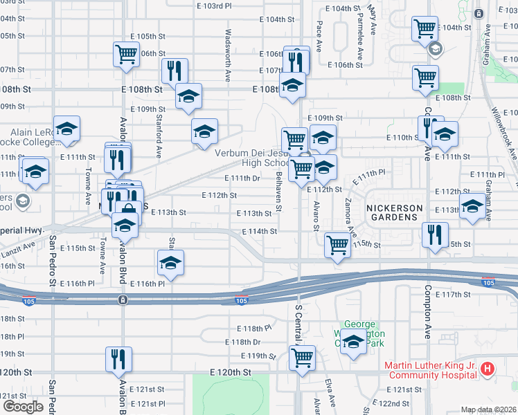 map of restaurants, bars, coffee shops, grocery stores, and more near 944 East 113th Street in Los Angeles