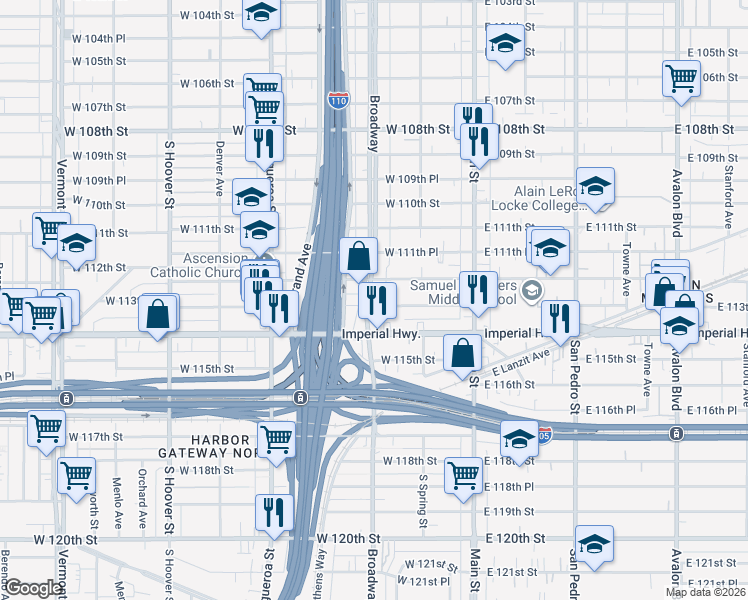 map of restaurants, bars, coffee shops, grocery stores, and more near 251 West Imperial Highway in Los Angeles
