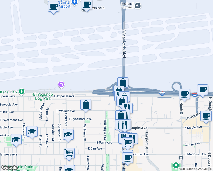 map of restaurants, bars, coffee shops, grocery stores, and more near 1700 Imperial Highway in El Segundo