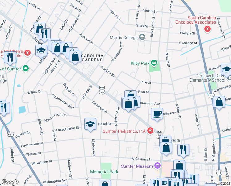 map of restaurants, bars, coffee shops, grocery stores, and more near 227 Broad Street in Sumter