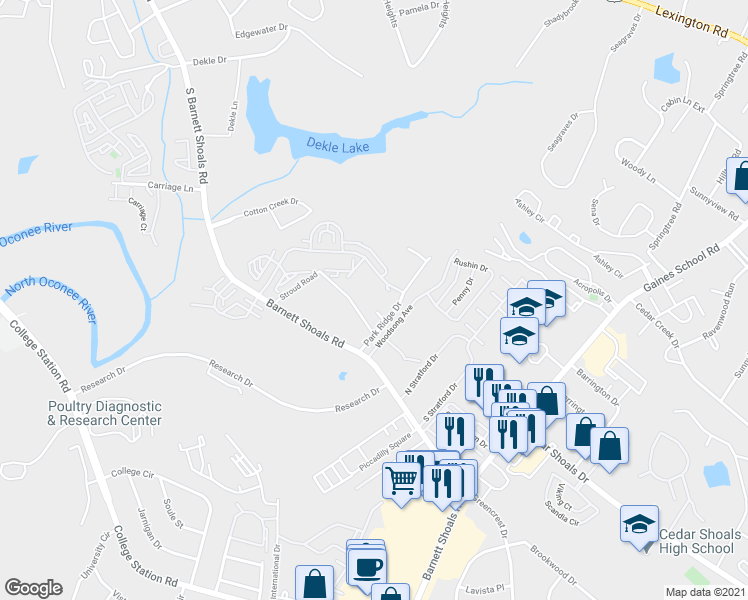 map of restaurants, bars, coffee shops, grocery stores, and more near 158 Park Ridge Place in Athens