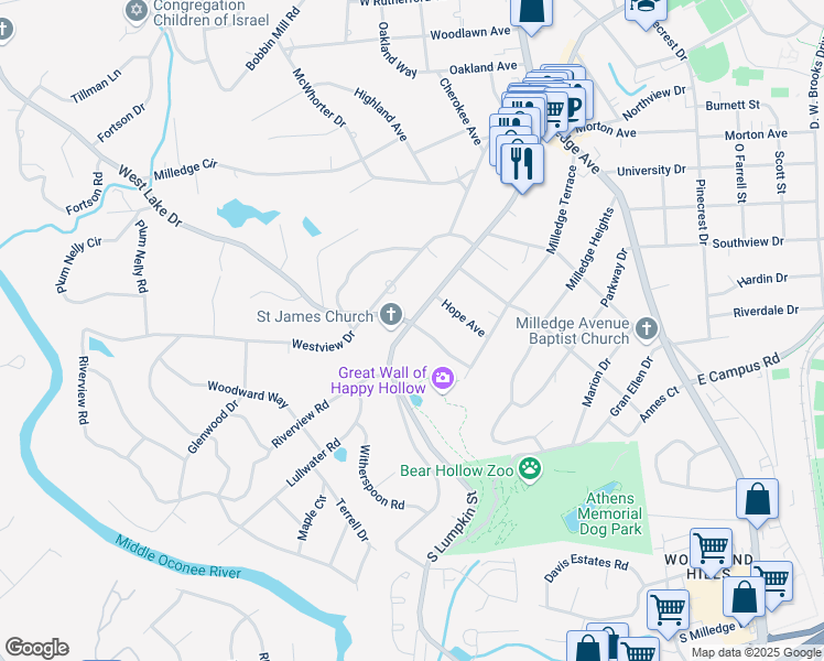 map of restaurants, bars, coffee shops, grocery stores, and more near 2065 South Lumpkin Street in Athens