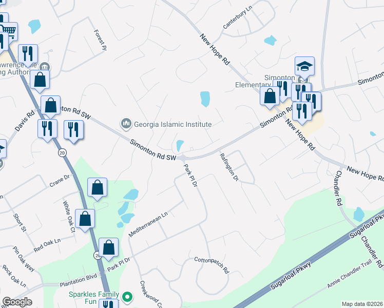 map of restaurants, bars, coffee shops, grocery stores, and more near 12 Simonton Road Southwest in Lawrenceville