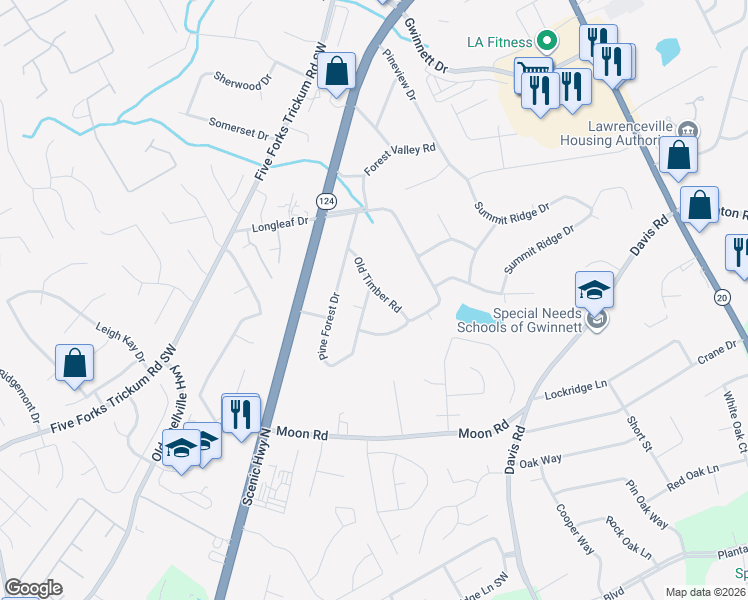 map of restaurants, bars, coffee shops, grocery stores, and more near 470 Pine Forest Drive in Lawrenceville