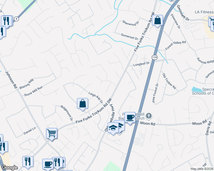 map of restaurants, bars, coffee shops, grocery stores, and more near 843 Bedford Bay Trail in Lawrenceville