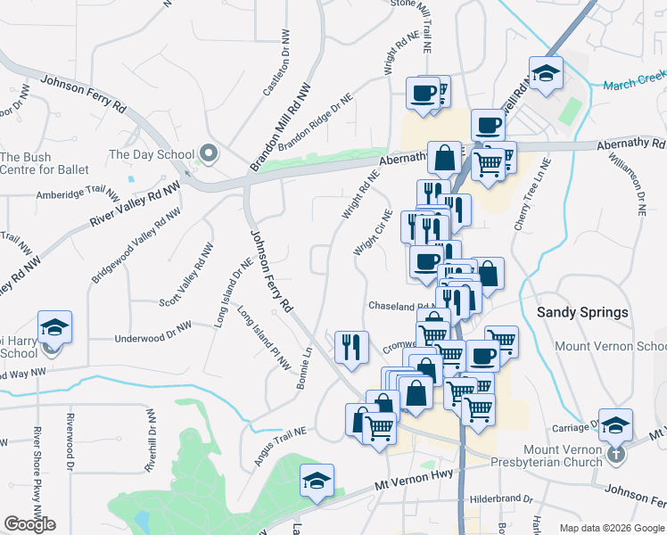 map of restaurants, bars, coffee shops, grocery stores, and more near 6457 Wright Road Northeast in Atlanta