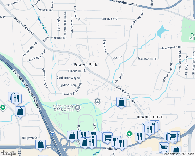 map of restaurants, bars, coffee shops, grocery stores, and more near 2087 Powers Ferry Trce Southeast in Marietta