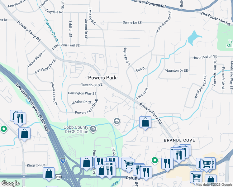 map of restaurants, bars, coffee shops, grocery stores, and more near 2087 Powers Ferry Trce Southeast in Marietta