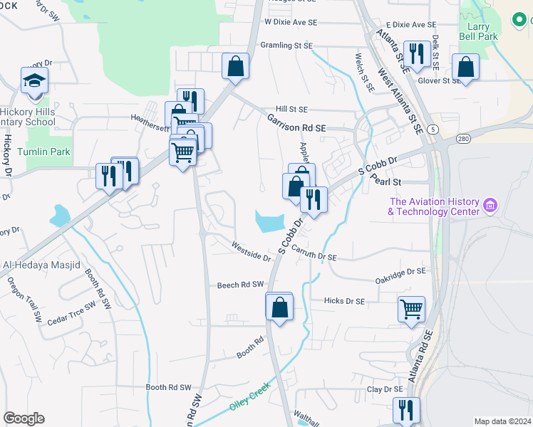 map of restaurants, bars, coffee shops, grocery stores, and more near 2305 Garrison Plantation Drive in Marietta