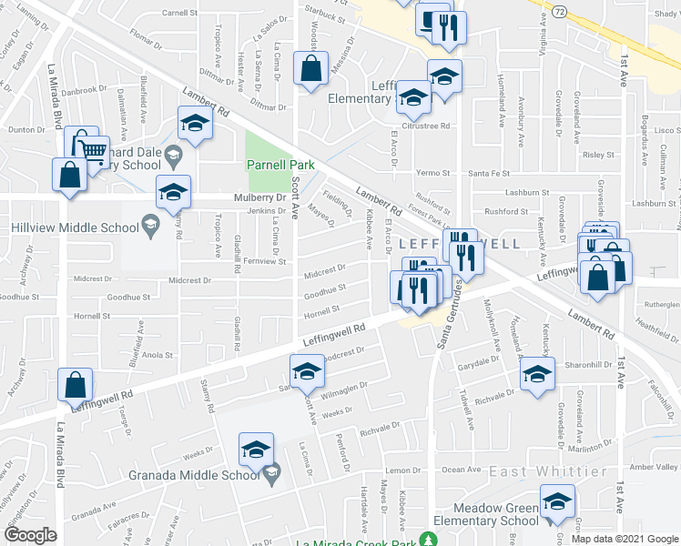 map of restaurants, bars, coffee shops, grocery stores, and more near 15510 Midcrest Drive in Whittier