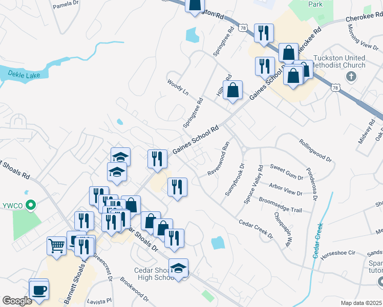 map of restaurants, bars, coffee shops, grocery stores, and more near 240 Cedar Pointe Drive in Athens