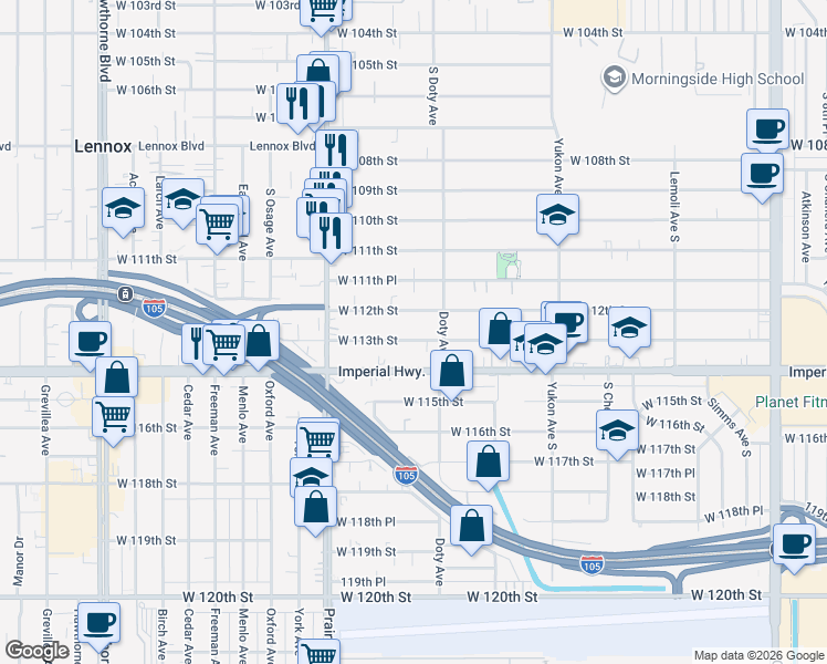 map of restaurants, bars, coffee shops, grocery stores, and more near 3833 West 113th Street in Inglewood